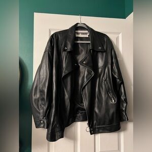 Black leather biker jacket unisex. Oversized style